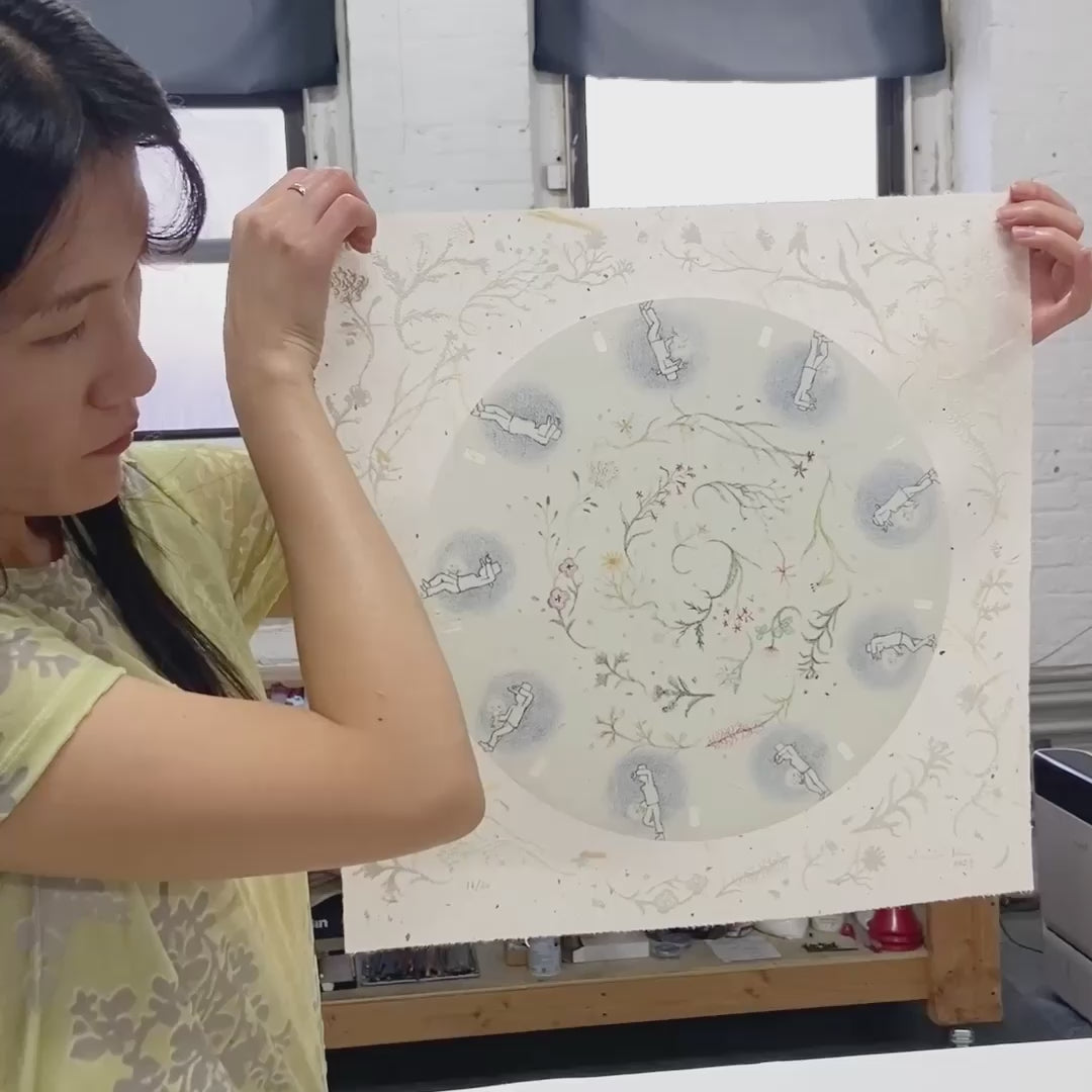 video of the artist Cindy Ji Hye Kim showing the Sunshower print edition